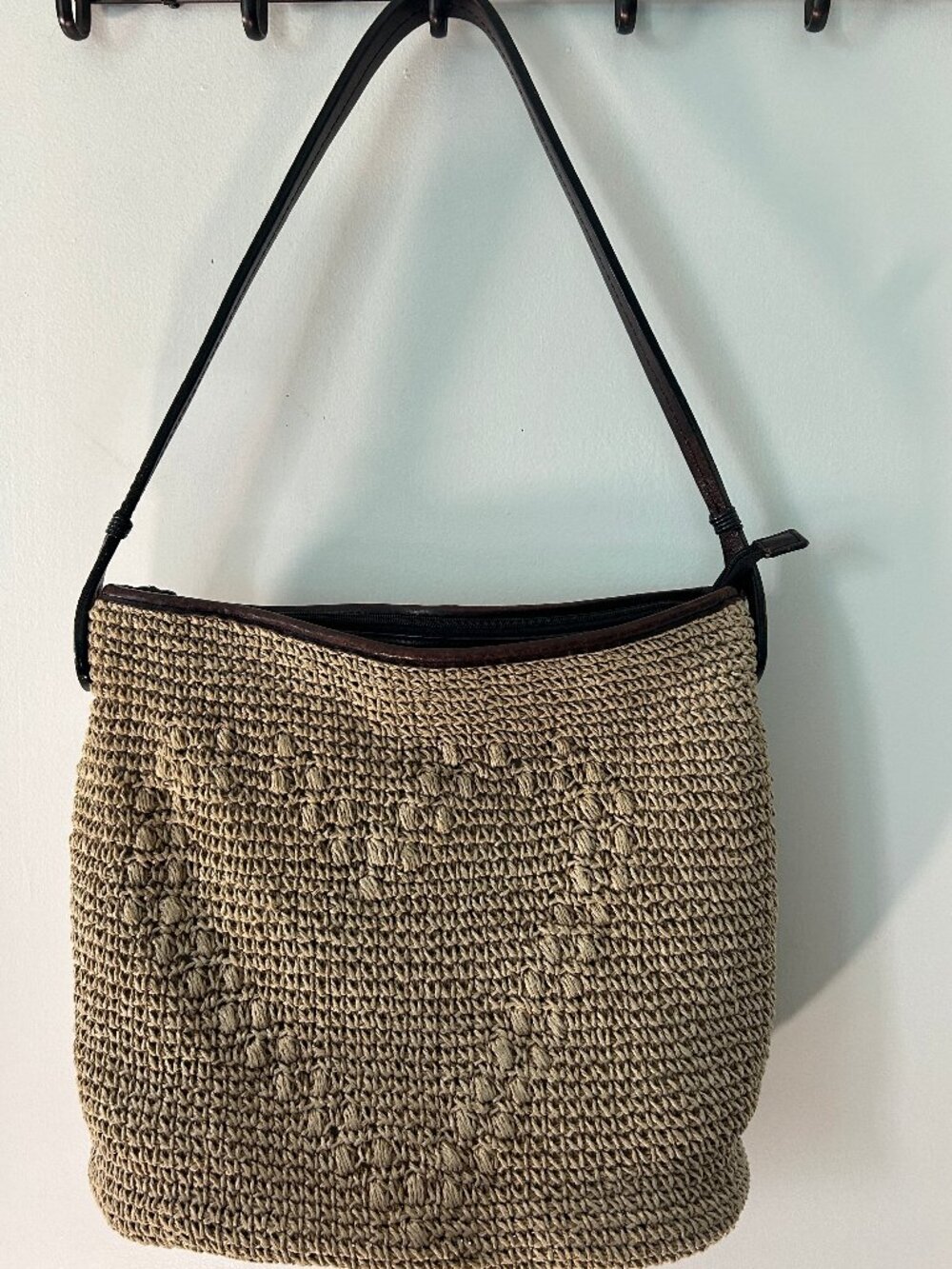 Brighton Straw Crochet Hobo Shoulder Bag Brown Leather Trim Floral Detail Boho